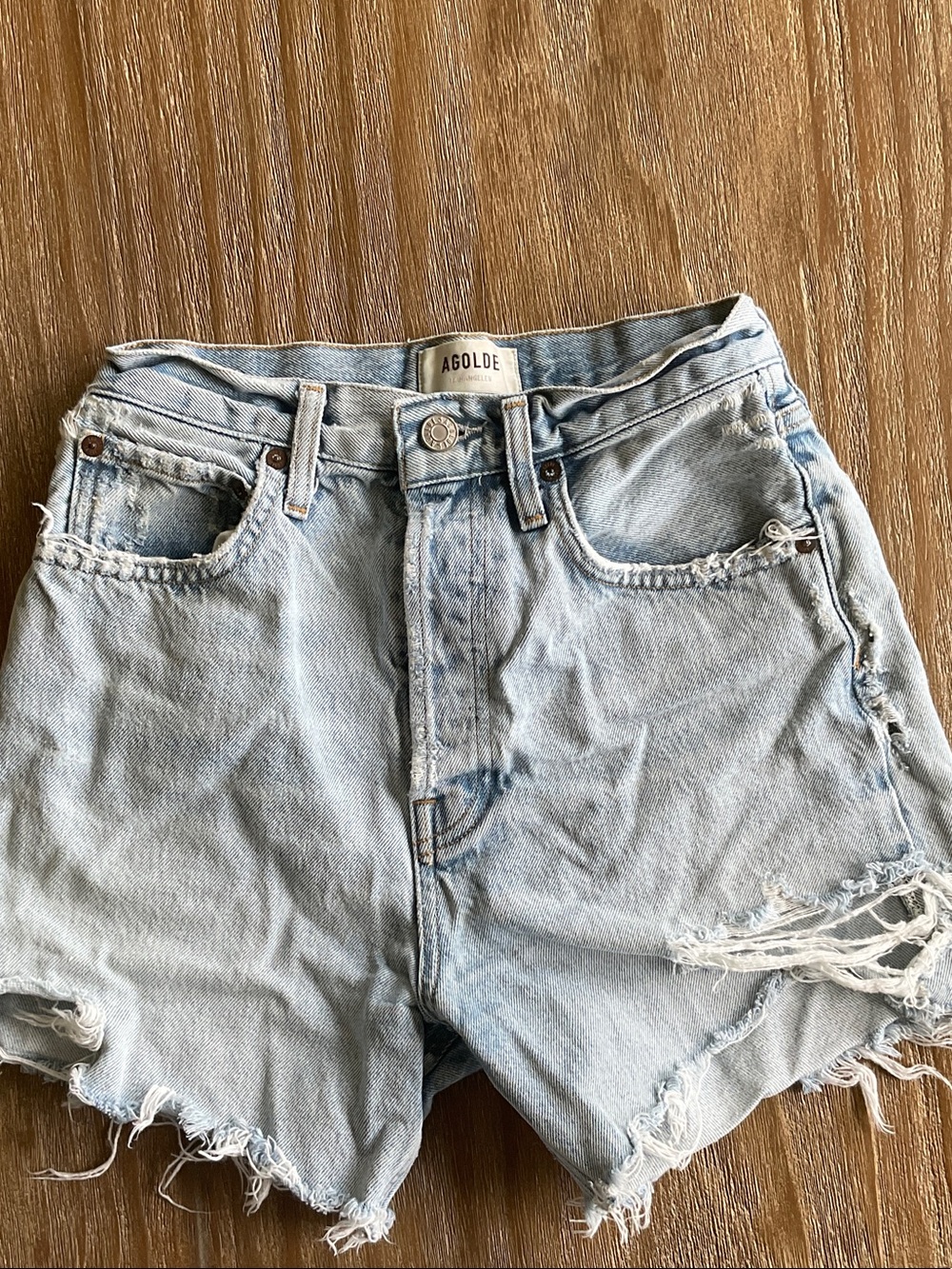 Agolde Light Blue Distressed High-Rise Denim Shorts